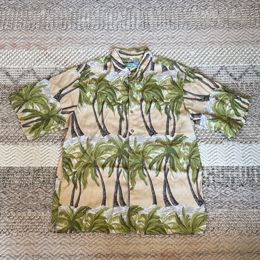 Reyn Spooner Palm Tree Print Hawaiian Tan & Green Pocket Shirt